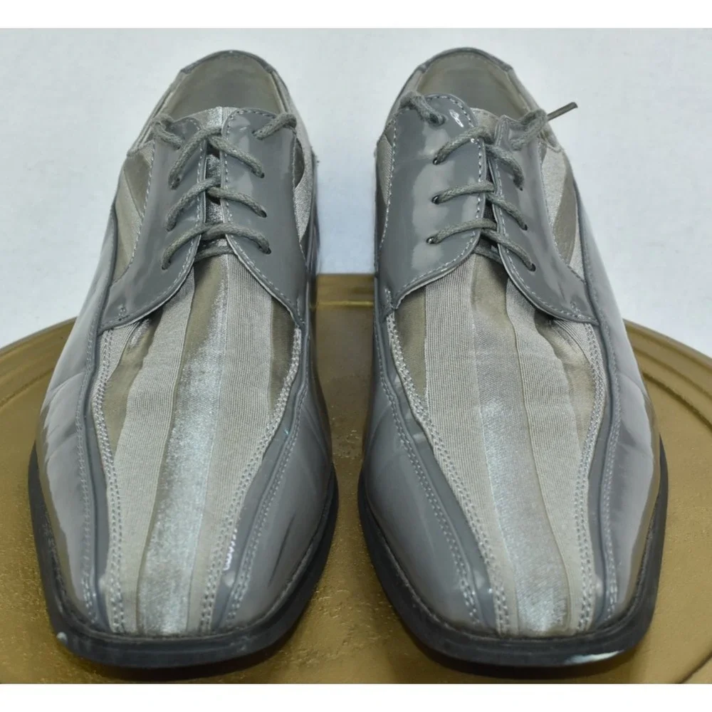 Viotti Men's Dress Shoe Size 12 Gray Lace Up Striped Satin Patent Oxford Tuxedo